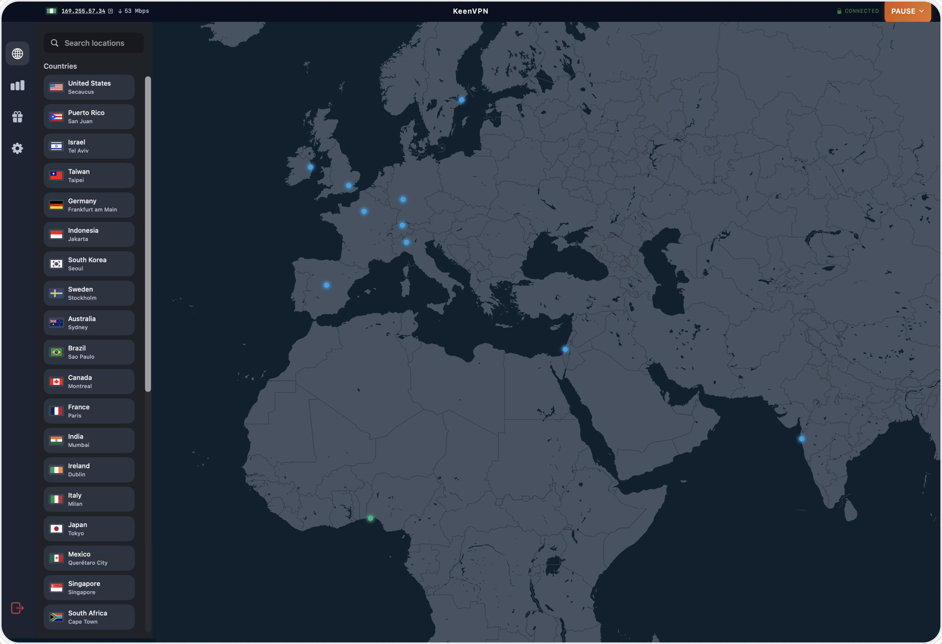 KeenVPN app showing the interactive world server map with active server locations across Europe, Africa, and Asia