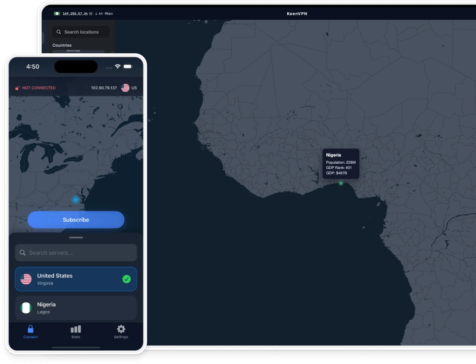 KeenVPN dedicated IP map shown on desktop and mobile