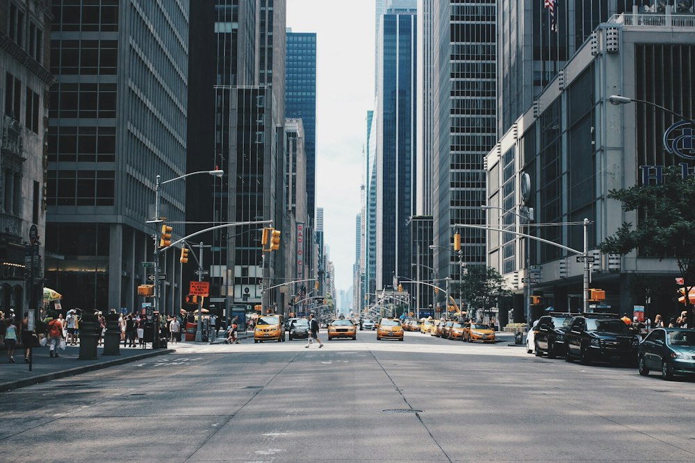 City street with taxis and tall buildings